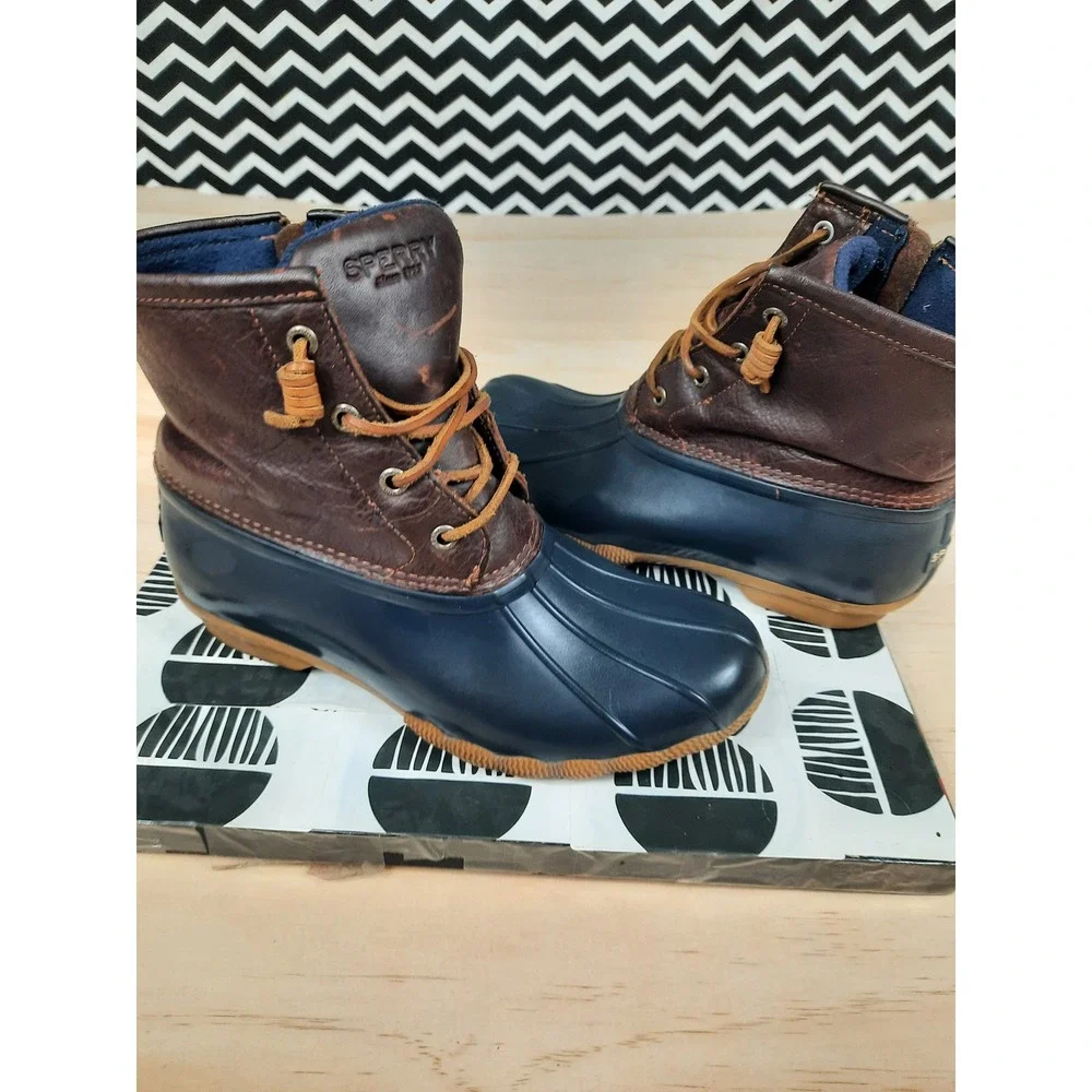 Sperry Saltwater Duck Boots Womens 7.5 Brown Navy Blue‎ Leather
